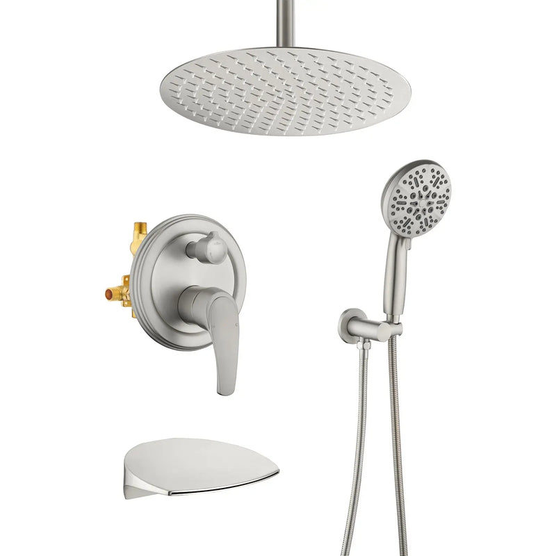 Single Handle 12" Ceiling-Mounted Bath and Shower System Set with 7 Settings Hand Spray, Waterfall Spout single-handle-12-ceiling-mounted-bath-and-shower-system-set-with-6-settings-hand-spray-waterfall-spout Brushed Nickel / Brass & SUS304 & ABS / 17.5*13.4*5.5inches
