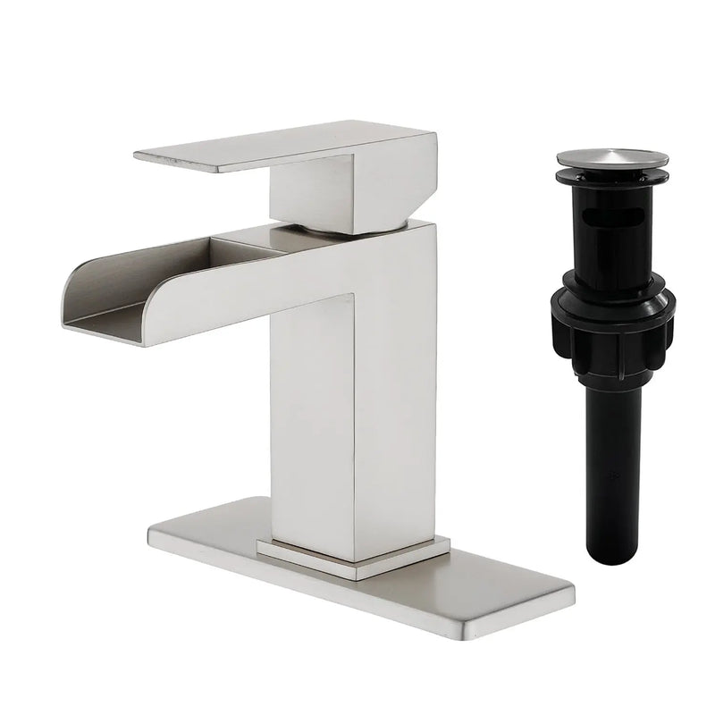 Single Handle Basin Mixer Tap Waterfall 1 Hole SUS304 Vanity Faucet for Bathroom Sink with Overflow Pop Up Drain Stopper single-handle-sus304-basin-mixer-tap-for-bathroom-sink-with-drain-stopper Brushed Nickel / SUS304 / 13.2*11.2*3.5 inches