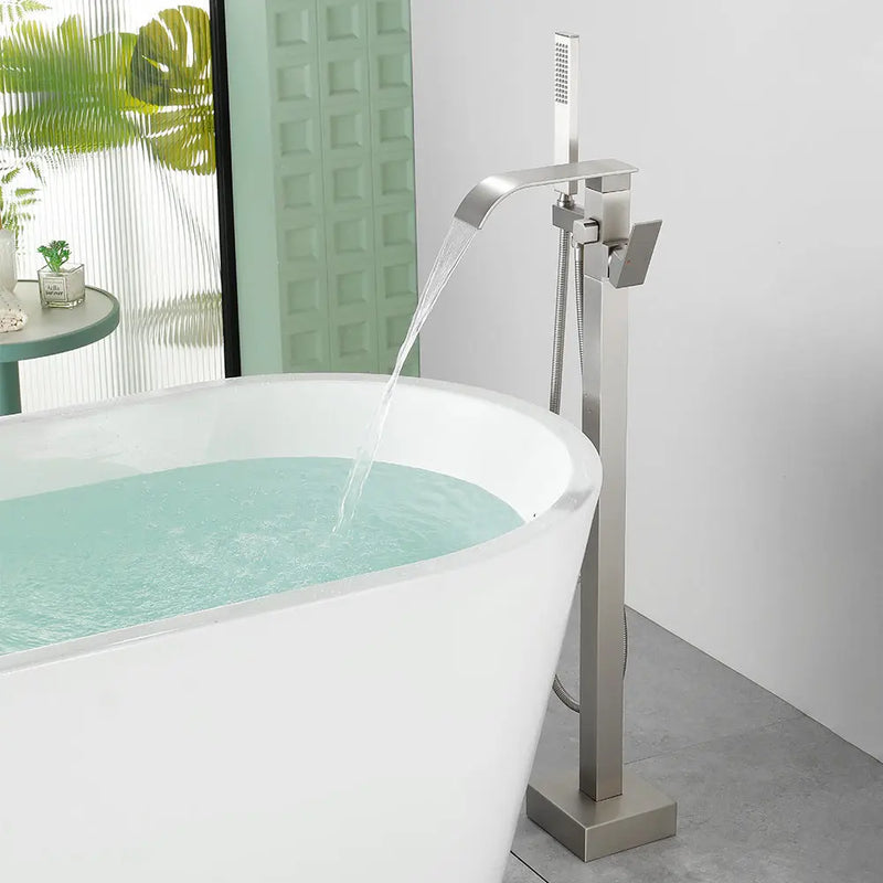 Single Handle Freestanding Bath Tub Faucet with Handshower & Waterfall Spout Stand Alone Bathtub Faucet In Matte Black, Brushed Nickel, Brushed Gold single-handle-waterfall-spout-freestanding-bath-tub-faucet-with-handshower 