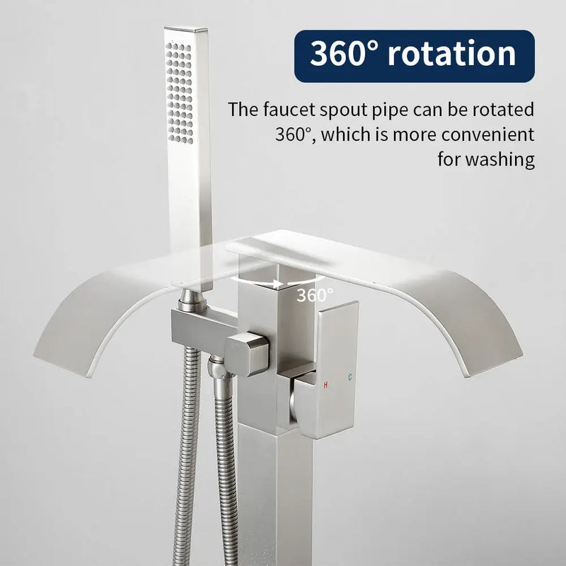 Single Handle Freestanding Bath Tub Faucet with Handshower & Waterfall Spout Stand Alone Bathtub Faucet In Matte Black, Brushed Nickel, Brushed Gold single-handle-waterfall-spout-freestanding-bath-tub-faucet-with-handshower 