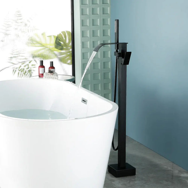 Single Handle Freestanding Bath Tub Faucet with Handshower & Waterfall Spout Stand Alone Bathtub Faucet In Matte Black, Brushed Nickel, Brushed Gold single-handle-waterfall-spout-freestanding-bath-tub-faucet-with-handshower 