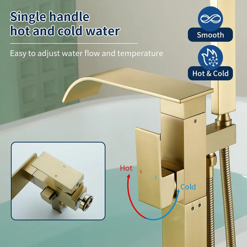 Single Handle Freestanding Bath Tub Faucet with Handshower & Waterfall Spout Stand Alone Bathtub Faucet In Matte Black, Brushed Nickel, Brushed Gold single-handle-waterfall-spout-freestanding-bath-tub-faucet-with-handshower 
