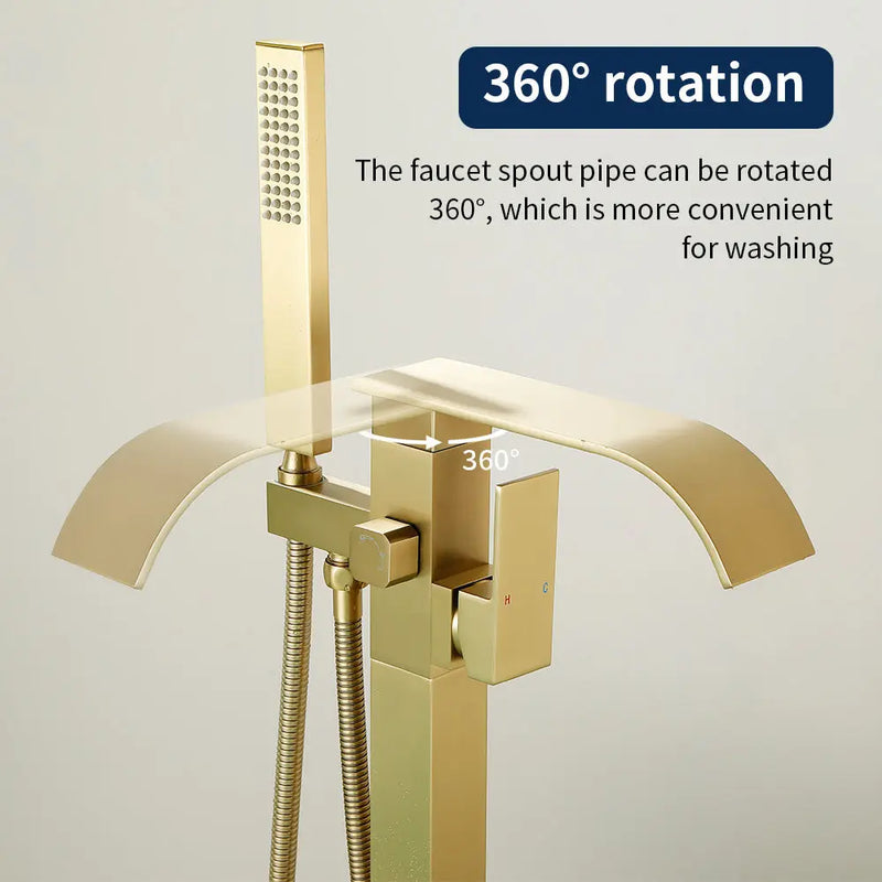 Single Handle Freestanding Bath Tub Faucet with Handshower & Waterfall Spout Stand Alone Bathtub Faucet In Matte Black, Brushed Nickel, Brushed Gold single-handle-waterfall-spout-freestanding-bath-tub-faucet-with-handshower 