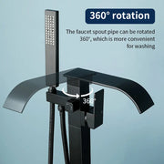 Single Handle Freestanding Bath Tub Faucet with Handshower & Waterfall Spout Stand Alone Bathtub Faucet In Matte Black, Brushed Nickel, Brushed Gold single-handle-waterfall-spout-freestanding-bath-tub-faucet-with-handshower 