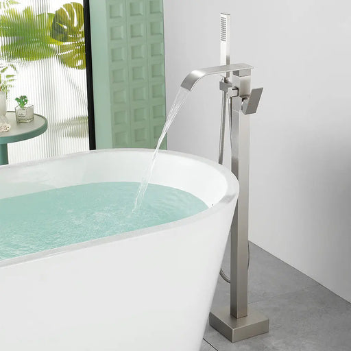 Single Handle Freestanding Bath Tub Faucet with Handshower & Waterfall Spout Stand Alone Bathtub Faucet In Matte Black, Brushed Nickel, Brushed Gold single-handle-waterfall-spout-freestanding-bath-tub-faucet-with-handshower 