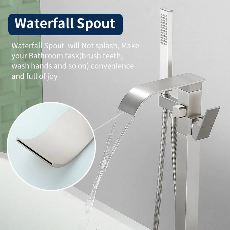 Single Handle Freestanding Bath Tub Faucet with Handshower & Waterfall Spout Stand Alone Bathtub Faucet In Matte Black, Brushed Nickel, Brushed Gold single-handle-waterfall-spout-freestanding-bath-tub-faucet-with-handshower 