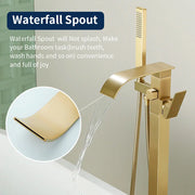 Single Handle Freestanding Bath Tub Faucet with Handshower & Waterfall Spout Stand Alone Bathtub Faucet In Matte Black, Brushed Nickel, Brushed Gold single-handle-waterfall-spout-freestanding-bath-tub-faucet-with-handshower 