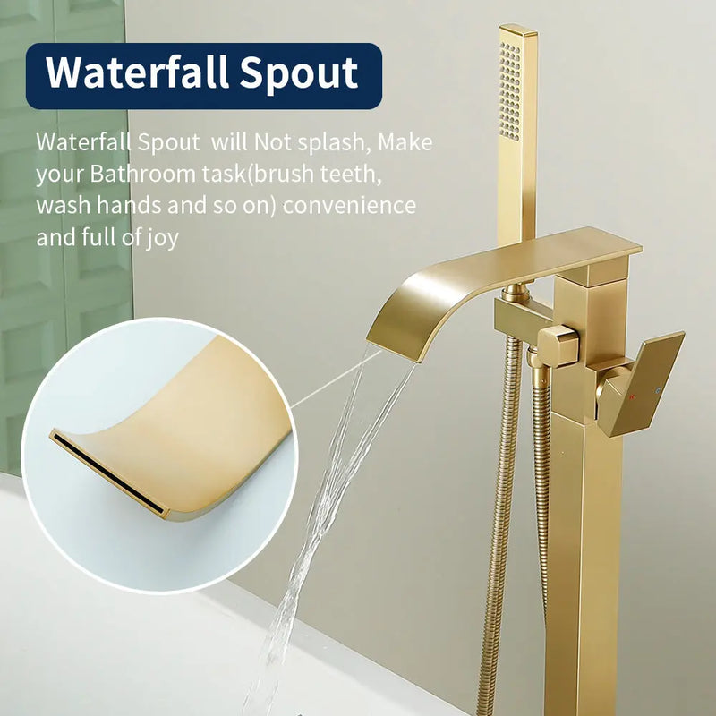 Single Handle Freestanding Bath Tub Faucet with Handshower & Waterfall Spout Stand Alone Bathtub Faucet In Matte Black, Brushed Nickel, Brushed Gold single-handle-waterfall-spout-freestanding-bath-tub-faucet-with-handshower 