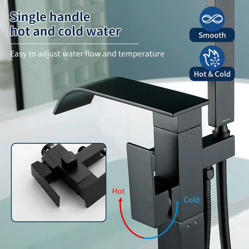 Single Handle Freestanding Bath Tub Faucet with Handshower & Waterfall Spout Stand Alone Bathtub Faucet In Matte Black, Brushed Nickel, Brushed Gold single-handle-waterfall-spout-freestanding-bath-tub-faucet-with-handshower 