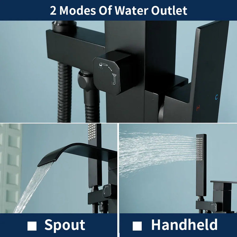 Single Handle Freestanding Bath Tub Faucet with Handshower & Waterfall Spout Stand Alone Bathtub Faucet In Matte Black, Brushed Nickel, Brushed Gold single-handle-waterfall-spout-freestanding-bath-tub-faucet-with-handshower 