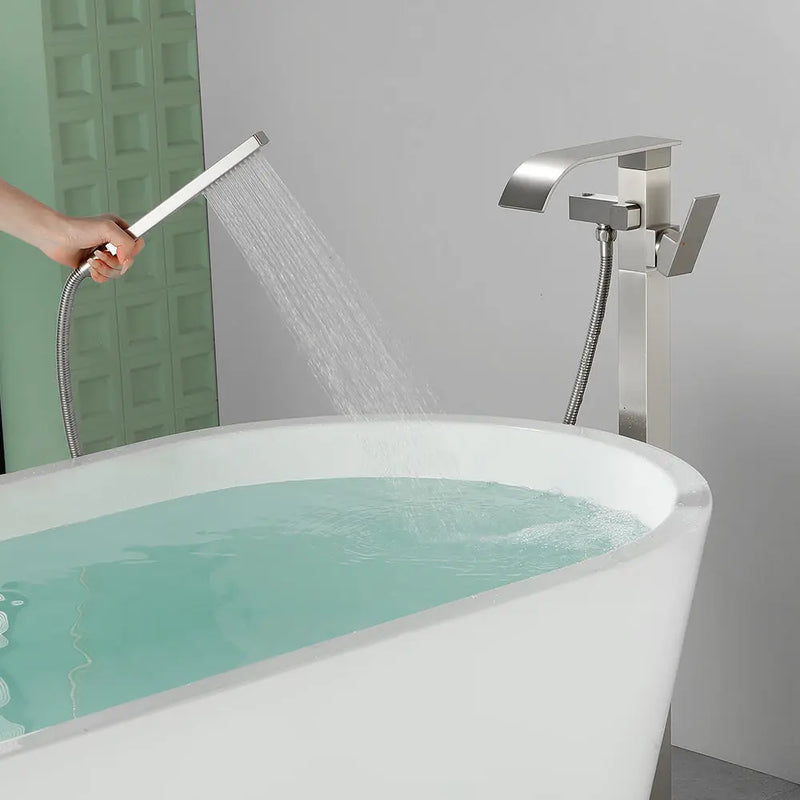 Single Handle Freestanding Bath Tub Faucet with Handshower & Waterfall Spout Stand Alone Bathtub Faucet In Matte Black, Brushed Nickel, Brushed Gold single-handle-waterfall-spout-freestanding-bath-tub-faucet-with-handshower 