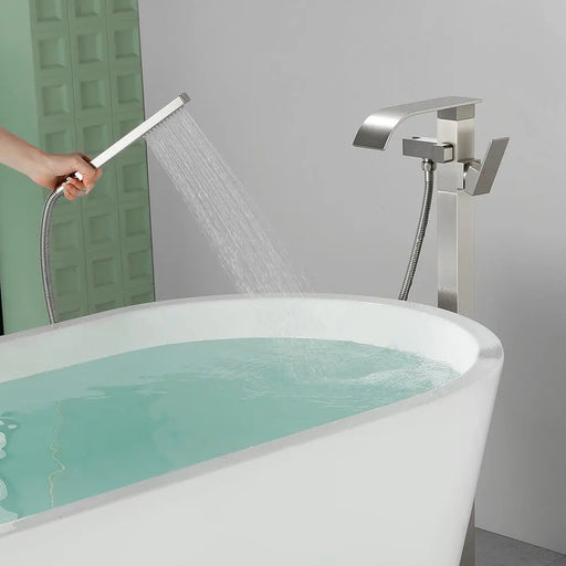 Single Handle Freestanding Bath Tub Faucet with Handshower & Waterfall Spout Stand Alone Bathtub Faucet In Matte Black, Brushed Nickel, Brushed Gold single-handle-waterfall-spout-freestanding-bath-tub-faucet-with-handshower 