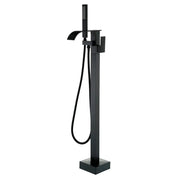Single Handle Freestanding Bath Tub Faucet with Handshower & Waterfall Spout Stand Alone Bathtub Faucet In Matte Black, Brushed Nickel, Brushed Gold single-handle-waterfall-spout-freestanding-bath-tub-faucet-with-handshower Matte Black / Brass & SUS304 / 31.9*12*3.7 inches