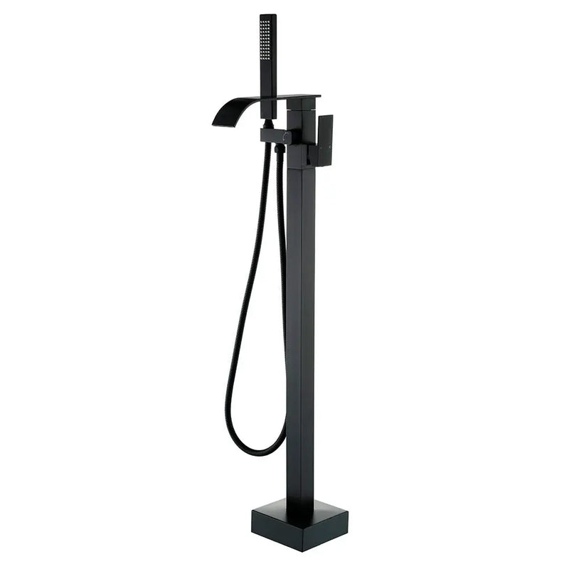Single Handle Freestanding Bath Tub Faucet with Handshower & Waterfall Spout Stand Alone Bathtub Faucet In Matte Black, Brushed Nickel, Brushed Gold single-handle-waterfall-spout-freestanding-bath-tub-faucet-with-handshower Matte Black / Brass & SUS304 / 31.9*12*3.7 inches