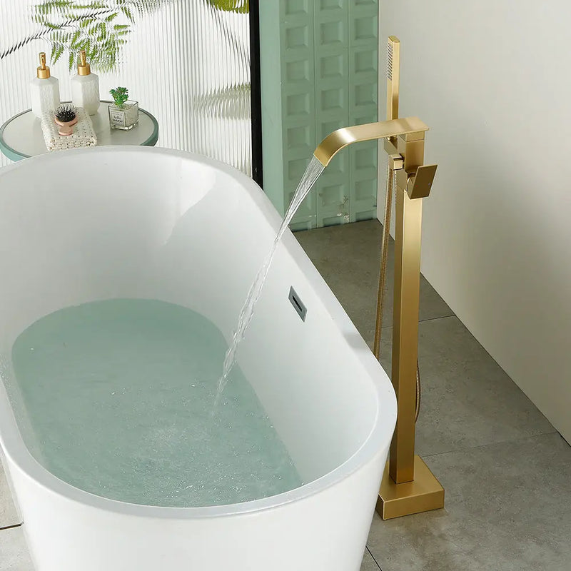 Single Handle Freestanding Bath Tub Faucet with Handshower & Waterfall Spout Stand Alone Bathtub Faucet In Matte Black, Brushed Nickel, Brushed Gold single-handle-waterfall-spout-freestanding-bath-tub-faucet-with-handshower 