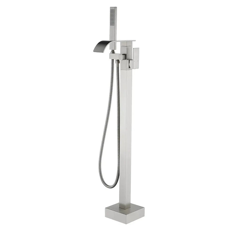 Single Handle Freestanding Bath Tub Faucet with Handshower & Waterfall Spout Stand Alone Bathtub Faucet In Matte Black, Brushed Nickel, Brushed Gold single-handle-waterfall-spout-freestanding-bath-tub-faucet-with-handshower Brushed Nickel / Brass & SUS304 / 31.9*12*3.7 inches