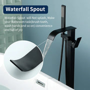 Single Handle Freestanding Bath Tub Faucet with Handshower & Waterfall Spout Stand Alone Bathtub Faucet In Matte Black, Brushed Nickel, Brushed Gold single-handle-waterfall-spout-freestanding-bath-tub-faucet-with-handshower 