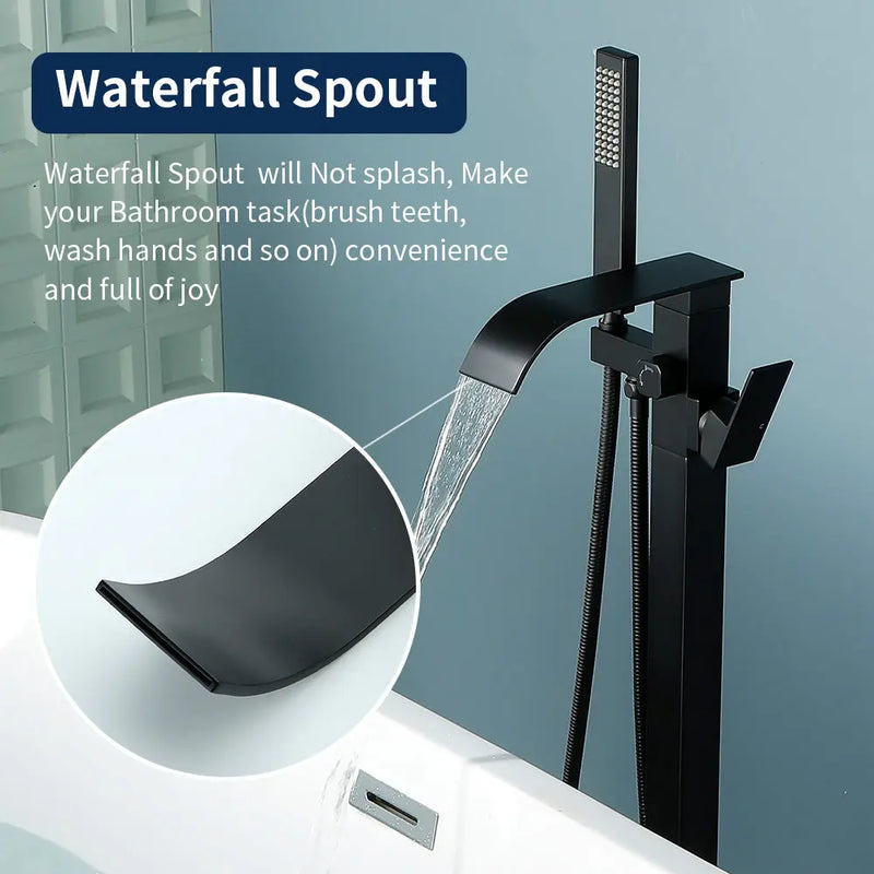Single Handle Freestanding Bath Tub Faucet with Handshower & Waterfall Spout Stand Alone Bathtub Faucet In Matte Black, Brushed Nickel, Brushed Gold single-handle-waterfall-spout-freestanding-bath-tub-faucet-with-handshower 