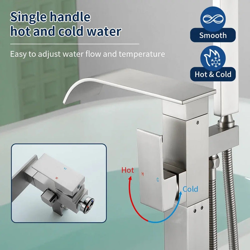 Single Handle Freestanding Bath Tub Faucet with Handshower & Waterfall Spout Stand Alone Bathtub Faucet In Matte Black, Brushed Nickel, Brushed Gold single-handle-waterfall-spout-freestanding-bath-tub-faucet-with-handshower 