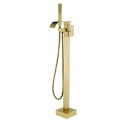 Single Handle Freestanding Bath Tub Faucet with Handshower & Waterfall Spout Stand Alone Bathtub Faucet In Matte Black, Brushed Nickel, Brushed Gold single-handle-waterfall-spout-freestanding-bath-tub-faucet-with-handshower Brushed Gold / Brass & SUS304 / 31.9*12*3.7 inches