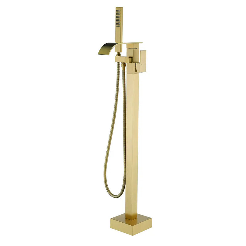 Single Handle Freestanding Bath Tub Faucet with Handshower & Waterfall Spout Stand Alone Bathtub Faucet In Matte Black, Brushed Nickel, Brushed Gold single-handle-waterfall-spout-freestanding-bath-tub-faucet-with-handshower Brushed Gold / Brass & SUS304 / 31.9*12*3.7 inches