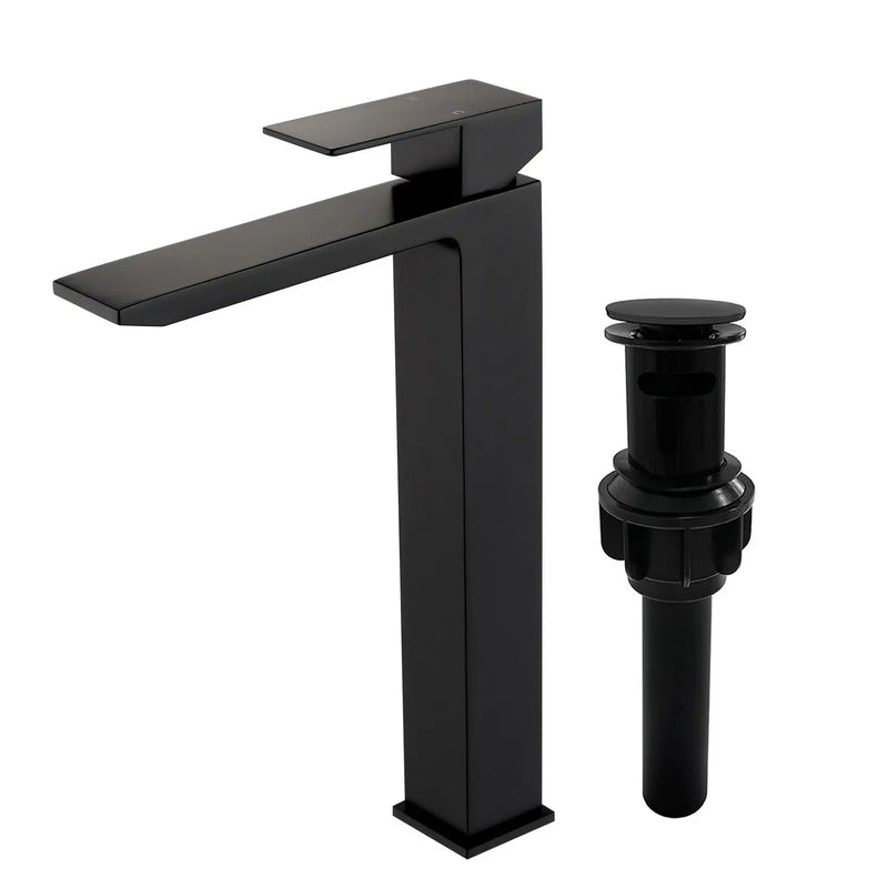 Single Handle High Basin Faucet SS304 Hot Cold Water Mixer Bathroom Vessel Sink Faucet with Pop-Up Waste single-handle-ss304-hot-cold-water-mixer-high-basin-faucet-with-pop-up-waste Matte Black / SUS304 / 16.5*106.*3.5 inches