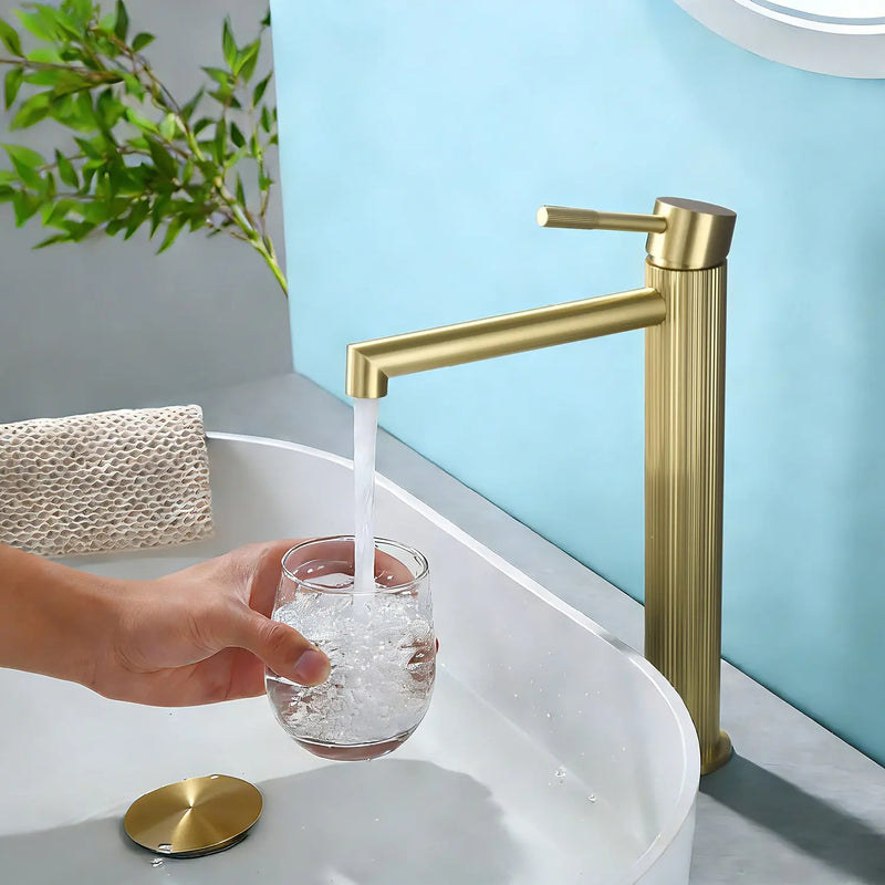 Single Handle Tall Bathroom Faucet for Vessel Sink with Aerator Brass Face Basin Faucet with Drain Assembly single-handle-tall-bathroom-faucet-for-vessel-sink-with-aerator Brushed Gold / Brass / Hot and cold water mixer