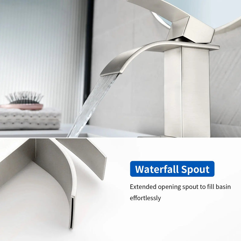 Single Handle Vanity Faucet with Pop-Up Drain Stainless Steel Waterfall Single Hole Bathroom Basin Faucet, 1.2GPM stainless-steel-single-handle-vessel-faucet-popup-drain 