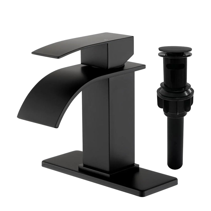 Single Handle Vanity Faucet with Pop-Up Drain Stainless Steel Waterfall Single Hole Bathroom Basin Faucet, 1.2GPM stainless-steel-single-handle-vessel-faucet-popup-drain Matte Black / SUS304 / 13.2*11.2*3.5 inches