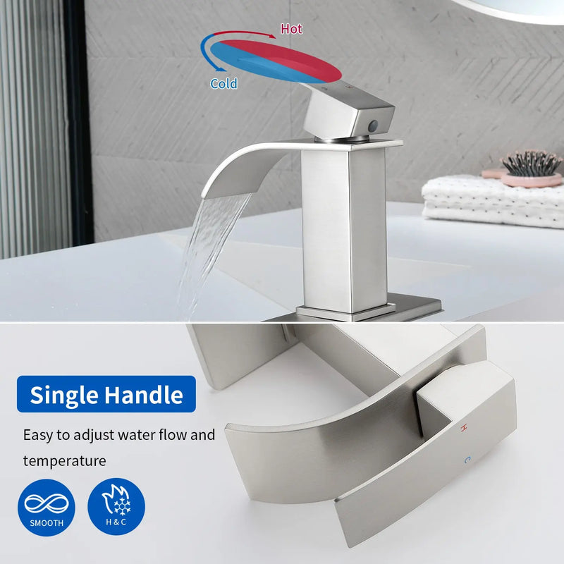 Single Handle Vanity Faucet with Pop-Up Drain Stainless Steel Waterfall Single Hole Bathroom Basin Faucet, 1.2GPM stainless-steel-single-handle-vessel-faucet-popup-drain 
