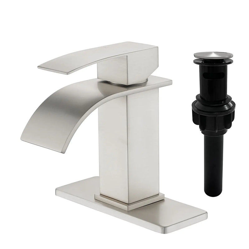 Single Handle Vanity Faucet with Pop-Up Drain Stainless Steel Waterfall Single Hole Bathroom Basin Faucet, 1.2GPM stainless-steel-single-handle-vessel-faucet-popup-drain Brushed Nickel / SUS304 / 13.2*11.2*3.5 inches