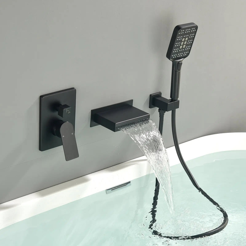 Single Handle Wall Mount Bathtub Faucet with 3 Modes Shower Head & Waterfall Spout single-handle-wall-mount-bathtub-faucet-with-3-mode-shower-head-waterfall-spout Matte Black / Brass & SUS304 & ABS / 13.8*12.1*5.2inches