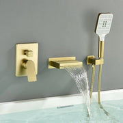 Single Handle Wall Mount Bathtub Faucet with 3 Modes Shower Head & Waterfall Spout single-handle-wall-mount-bathtub-faucet-with-3-mode-shower-head-waterfall-spout Brushed Gold / Brass & SUS304 & ABS / 13.8*12.1*5.2inches