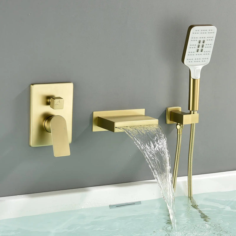 Single Handle Wall Mount Bathtub Faucet with 3 Modes Shower Head & Waterfall Spout single-handle-wall-mount-bathtub-faucet-with-3-mode-shower-head-waterfall-spout Brushed Gold / Brass & SUS304 & ABS / 13.8*12.1*5.2inches