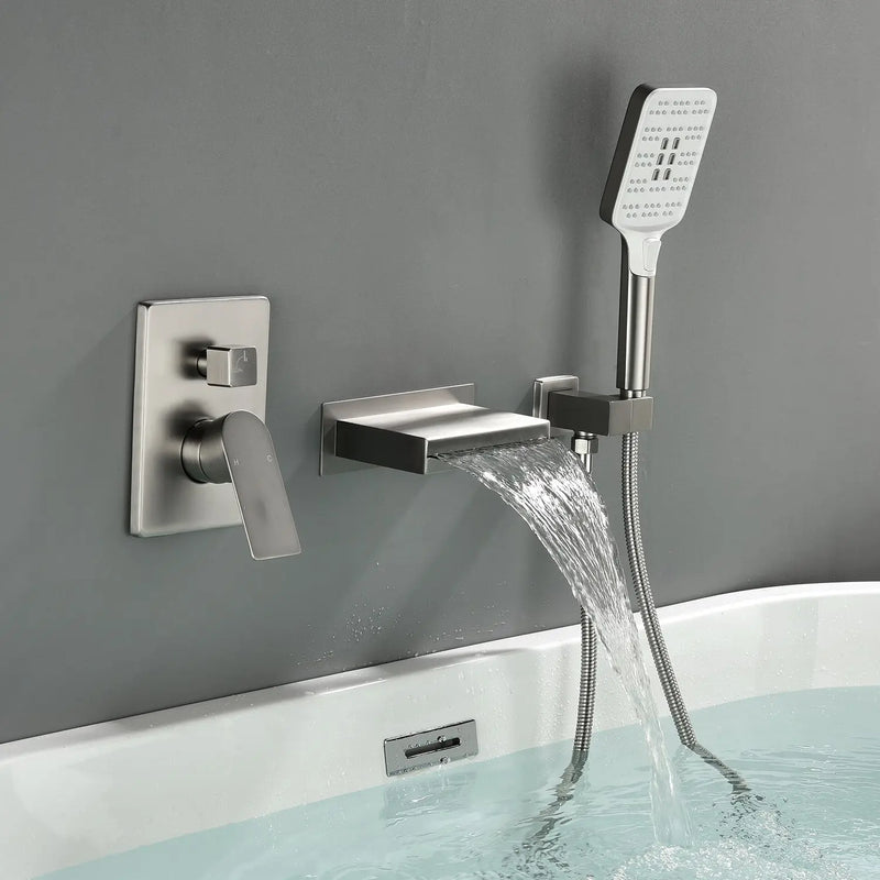 Single Handle Wall Mount Bathtub Faucet with 3 Modes Shower Head & Waterfall Spout single-handle-wall-mount-bathtub-faucet-with-3-mode-shower-head-waterfall-spout Brushed Nickel / Brass & SUS304 & ABS / 13.8*12.1*5.2inches