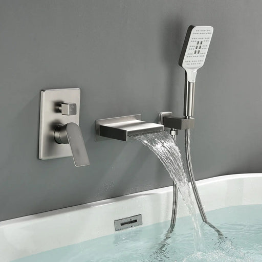 Single Handle Wall Mount Bathtub Faucet with 3 Modes Shower Head & Waterfall Spout single-handle-wall-mount-bathtub-faucet-with-3-mode-shower-head-waterfall-spout Brushed Nickel / Brass & SUS304 & ABS / 13.8*12.1*5.2inches