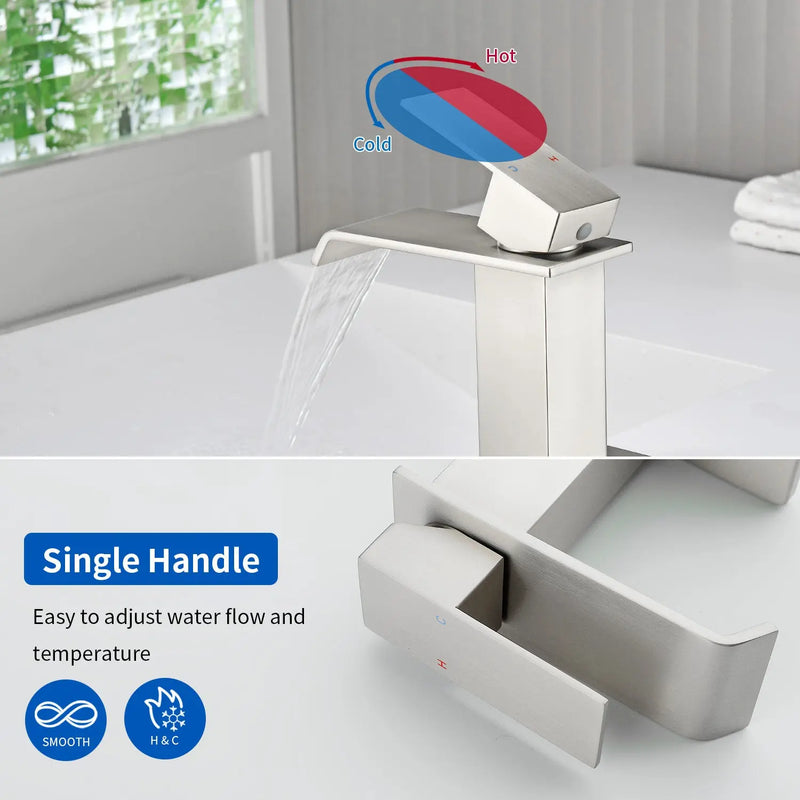 Single Hole Lavatory Faucet Tap Hot and Cold Water Mixer One-Handle Bathroom Waterfall Face Basin Faucet With Pop-Up Drainer hot-and-cold-water-mixer-one-handle-bathroom-waterfall-face-basin-faucet 