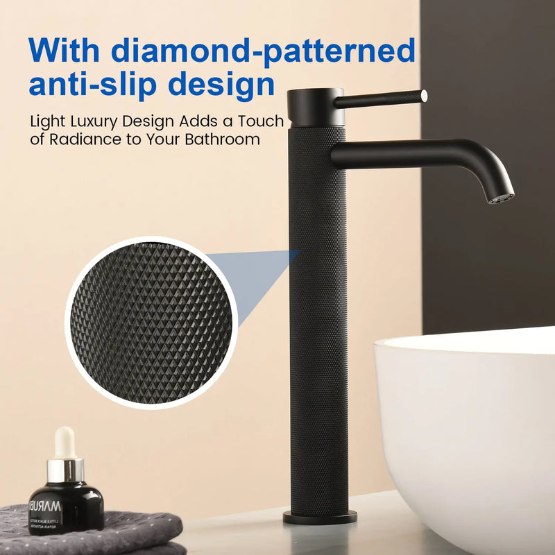 Single Hole Vessel Bathroom Faucet1.2GPM Round Hot Cold Tall Basin Mixer with SUS 304 Drain Assembly -Matt Black, Chrome, Brushed Nicke, Brushed Gold single-hole-vessel-faucet-tall-1-2gpm-with-drain 