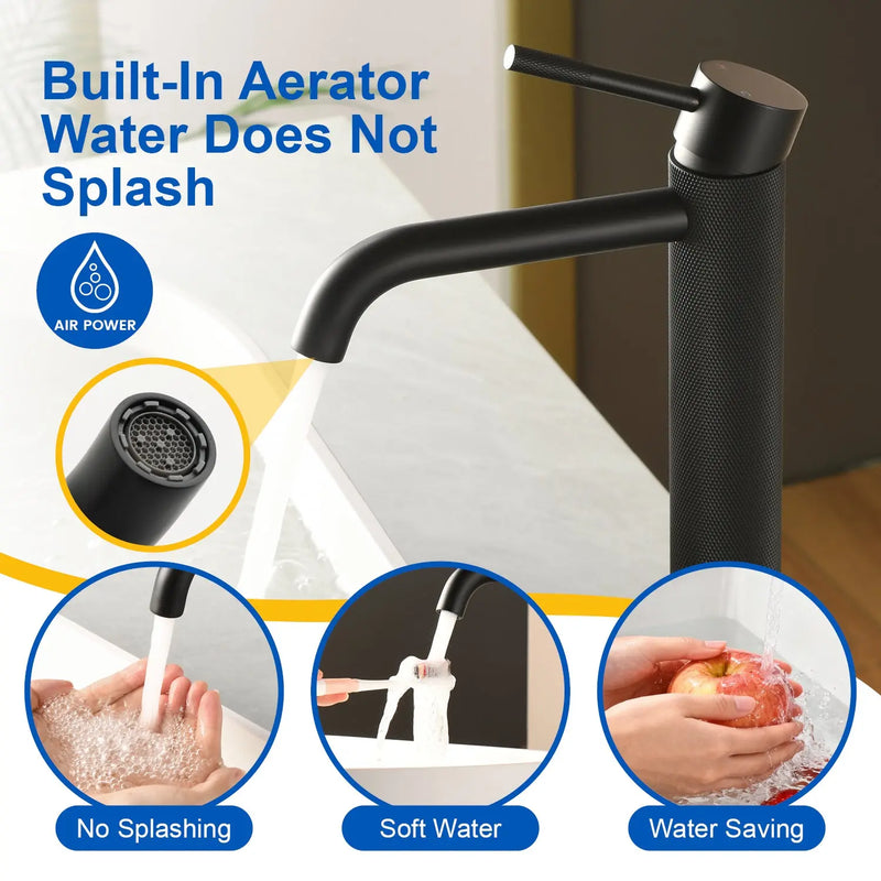 Single Hole Vessel Bathroom Faucet1.2GPM Round Hot Cold Tall Basin Mixer with SUS 304 Drain Assembly -Matt Black, Chrome, Brushed Nicke, Brushed Gold single-hole-vessel-faucet-tall-1-2gpm-with-drain 