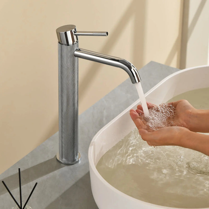 Single Hole Vessel Bathroom Faucet1.2GPM Round Hot Cold Tall Basin Mixer with SUS 304 Drain Assembly -Matt Black, Chrome, Brushed Nicke, Brushed Gold single-hole-vessel-faucet-tall-1-2gpm-with-drain 