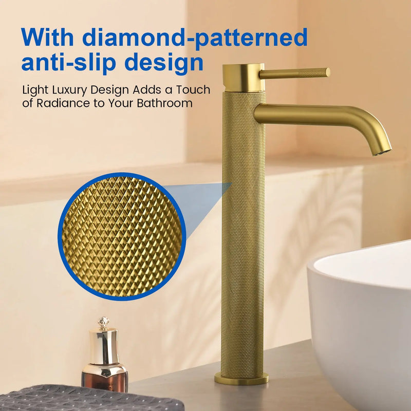 Single Hole Vessel Bathroom Faucet1.2GPM Round Hot Cold Tall Basin Mixer with SUS 304 Drain Assembly -Matt Black, Chrome, Brushed Nicke, Brushed Gold single-hole-vessel-faucet-tall-1-2gpm-with-drain 