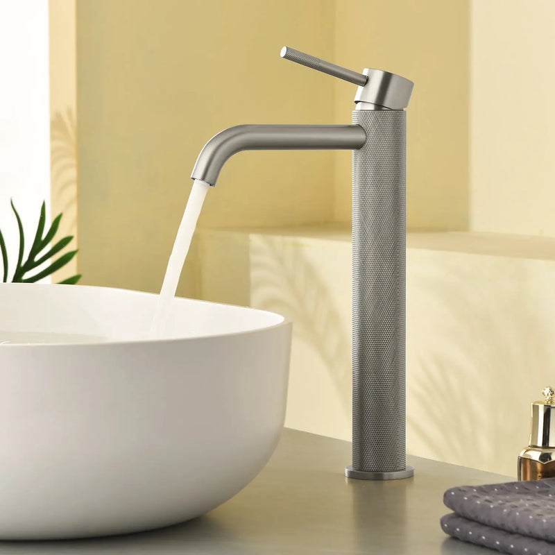 Single Hole Vessel Bathroom Faucet1.2GPM Round Hot Cold Tall Basin Mixer with SUS 304 Drain Assembly -Matt Black, Chrome, Brushed Nicke, Brushed Gold single-hole-vessel-faucet-tall-1-2gpm-with-drain Brushed Nickel / Brass / 16.3*11.4*3.5 inches