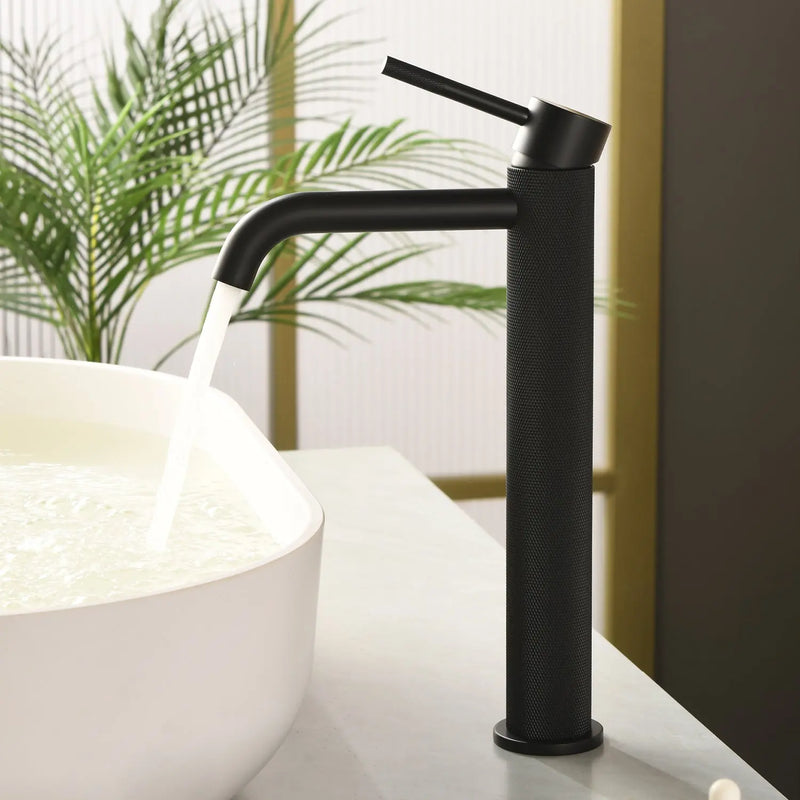 Single Hole Vessel Bathroom Faucet1.2GPM Round Hot Cold Tall Basin Mixer with SUS 304 Drain Assembly -Matt Black, Chrome, Brushed Nicke, Brushed Gold single-hole-vessel-faucet-tall-1-2gpm-with-drain Matt Black / Brass / 16.3*11.4*3.5 inches