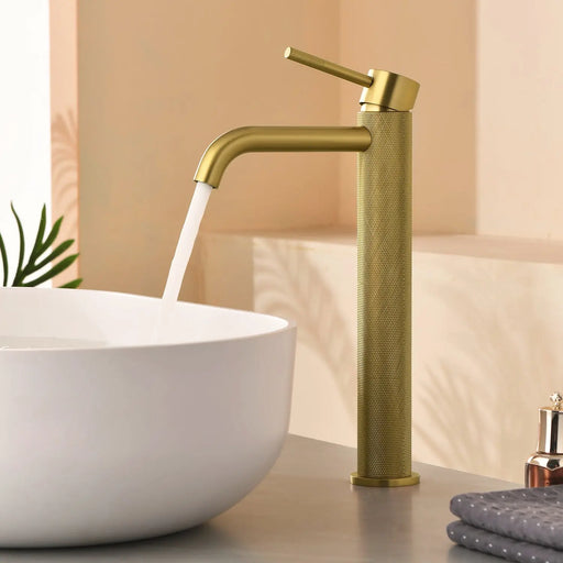 Single Hole Vessel Bathroom Faucet1.2GPM Round Hot Cold Tall Basin Mixer with SUS 304 Drain Assembly -Matt Black, Chrome, Brushed Nicke, Brushed Gold single-hole-vessel-faucet-tall-1-2gpm-with-drain Brushed Gold / Brass / 16.3*11.4*3.5 inches