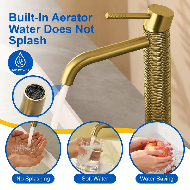 Single Hole Vessel Bathroom Faucet1.2GPM Round Hot Cold Tall Basin Mixer with SUS 304 Drain Assembly -Matt Black, Chrome, Brushed Nicke, Brushed Gold single-hole-vessel-faucet-tall-1-2gpm-with-drain 