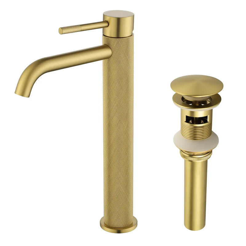 Single Hole Vessel Bathroom Faucet1.2GPM Round Hot Cold Tall Basin Mixer with SUS 304 Drain Assembly -Matt Black, Chrome, Brushed Nicke, Brushed Gold single-hole-vessel-faucet-tall-1-2gpm-with-drain 
