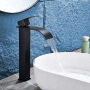 Single Hole Vessel Faucet Matte Black Deck Mount Brushed Nickel Square Bathroom Faucet with Lever Handle Waterfall Tall Brushed Gold Basin Mixer with Drain Pop Up square-single-hole-tall-waterfall-bathroom-lavatory-faucet-with-lever-handle 