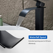 Single Hole Vessel Faucet Matte Black Deck Mount Brushed Nickel Square Bathroom Faucet with Lever Handle Waterfall Tall Brushed Gold Basin Mixer with Drain Pop Up square-single-hole-tall-waterfall-bathroom-lavatory-faucet-with-lever-handle 