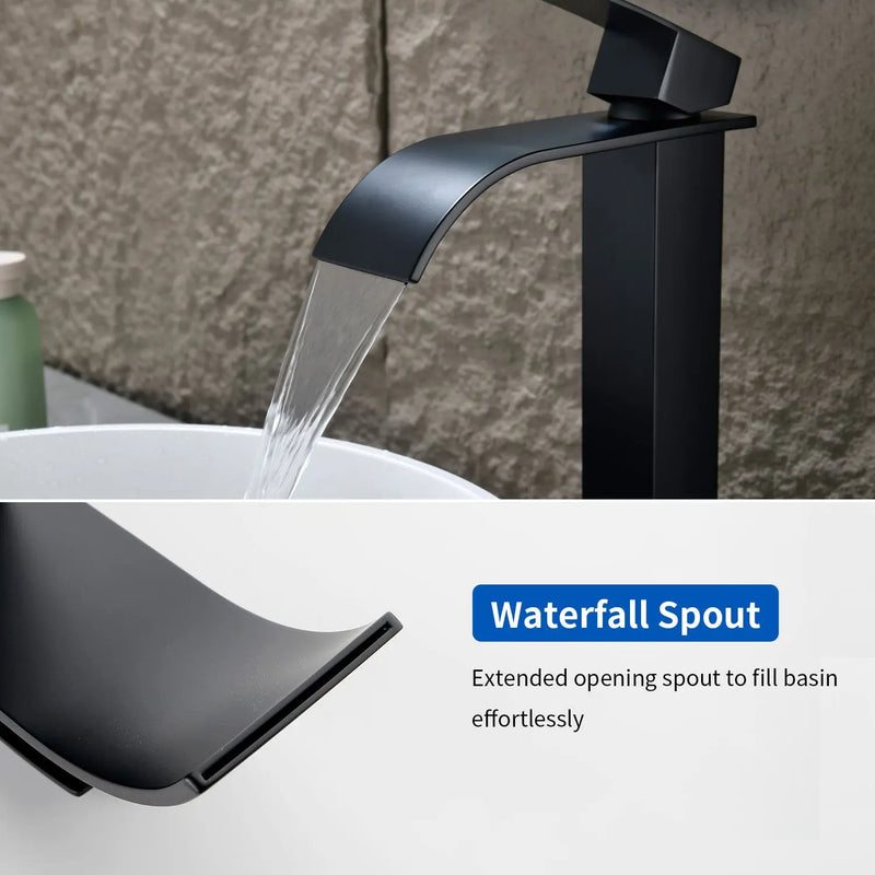 Single Hole Vessel Faucet Matte Black Deck Mount Brushed Nickel Square Bathroom Faucet with Lever Handle Waterfall Tall Brushed Gold Basin Mixer with Drain Pop Up square-single-hole-tall-waterfall-bathroom-lavatory-faucet-with-lever-handle 