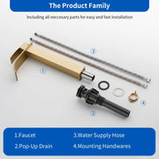 Single Hole Vessel Faucet Matte Black Deck Mount Brushed Nickel Square Bathroom Faucet with Lever Handle Waterfall Tall Brushed Gold Basin Mixer with Drain Pop Up square-single-hole-tall-waterfall-bathroom-lavatory-faucet-with-lever-handle 
